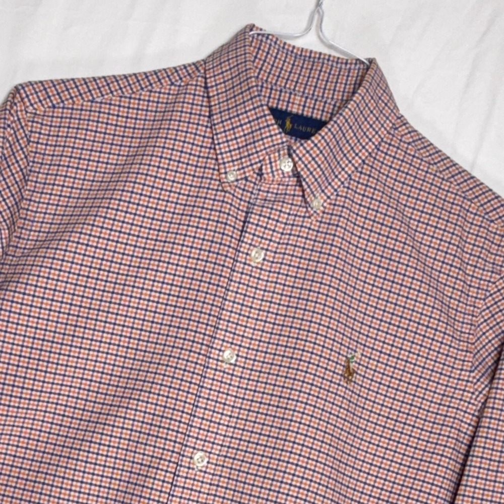 Ralph Lauren Mens Button Down Shirt Orange Blue Plaid Embroidered Pony Size M